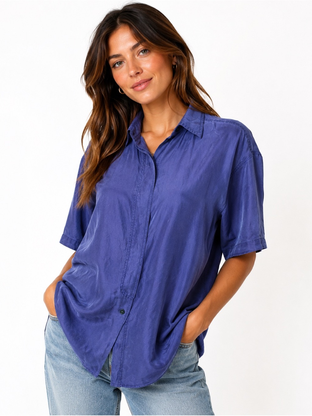Vintage 90s New York Studio 100% Silk Purple Button Up Blouse XS Minimalist